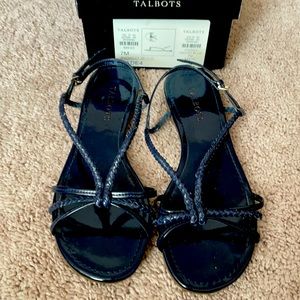 Navy blue patent flat sandals